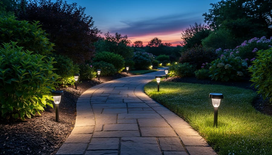 Solar up lights illuminating residential pathway and garden beds at dusk