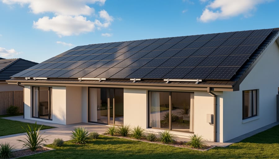 Black solar panels mounted on residential home roof against blue sky
