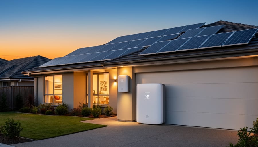 White solar battery storage system mounted on residential garage wall