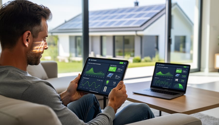 Homeowner checking solar energy monitoring app on smartphone with solar panels visible through window