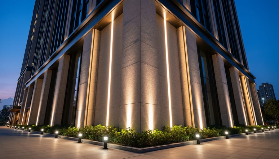 Solar up lights illuminating stone column at home entrance during dusk