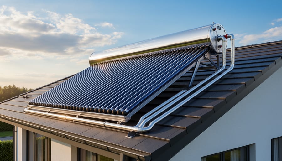 Solar water heater evacuated tubes installed on residential roof with copper piping