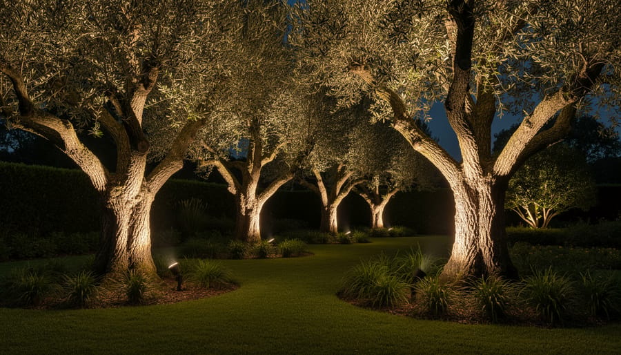 Solar up lights illuminating large tree trunk and branches at night