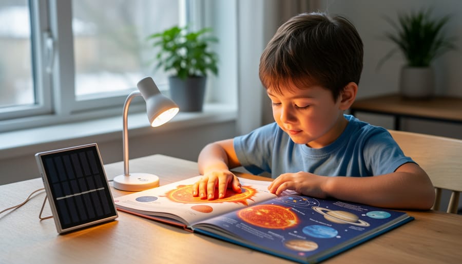 Child holding an open solar-themed book next to a small solar panel powering a tiny light.