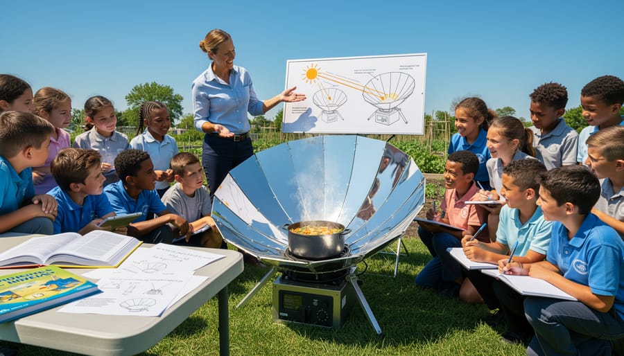Solar oven cooking food in a backyard using sunlight with warm steam visible.