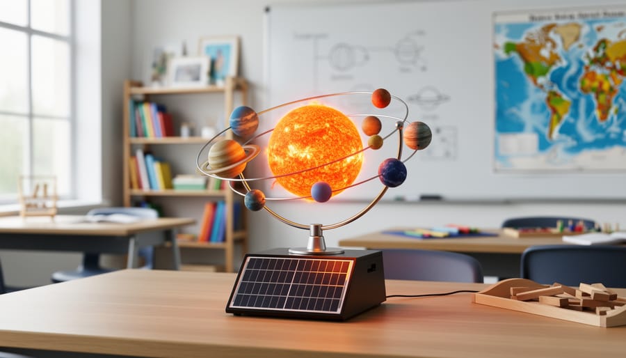 Solar-powered rotating planet model on a desk with a small solar panel in sunlight.