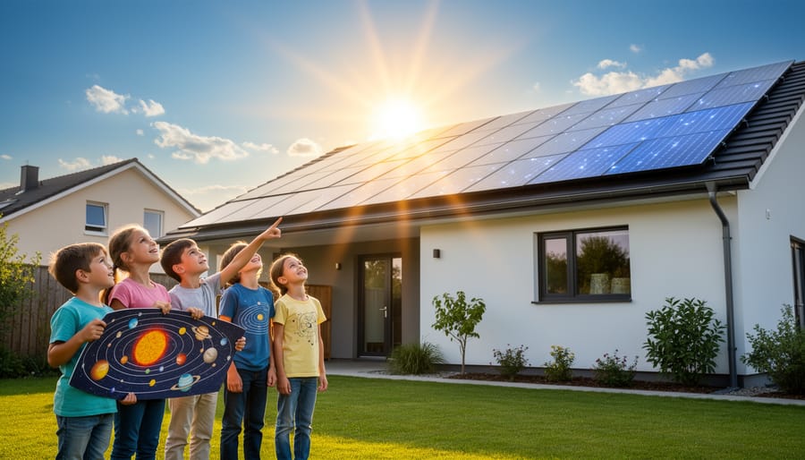 Sun setting behind rooftop solar panels with clear blue sky.