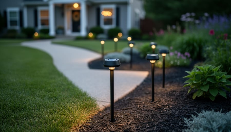 Close-up view of solar firefly stake lights laid out on a patio surface