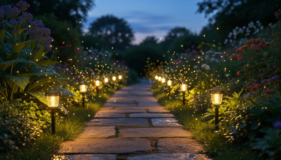 Firefly-style solar lights softly glowing along a backyard walkway at dusk