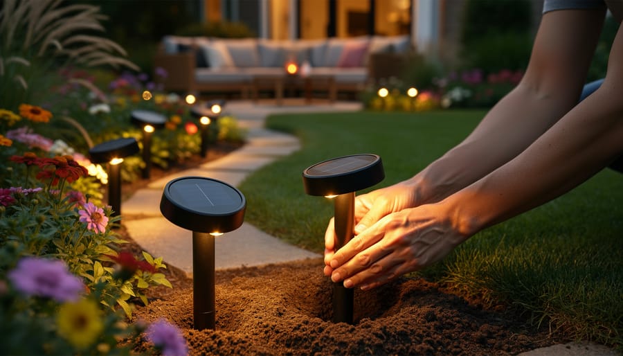 Person installing solar firefly stake lights into a flower bed outdoors