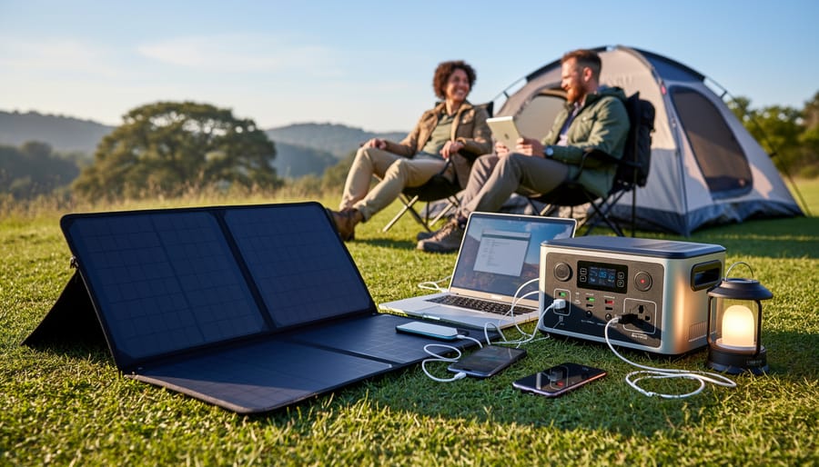 Portable folding solar panel powering a phone next to a small power bank outdoors