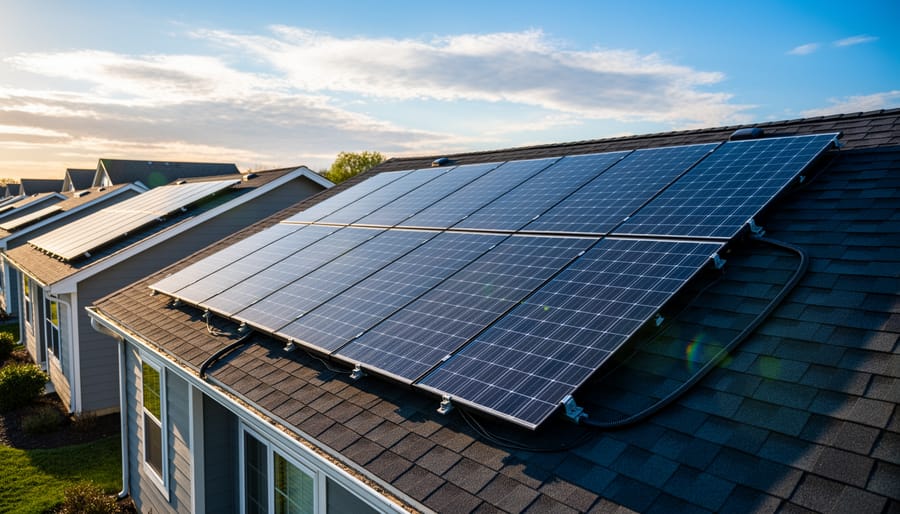 Solar panels installed on a residential rooftop in bright sunlight