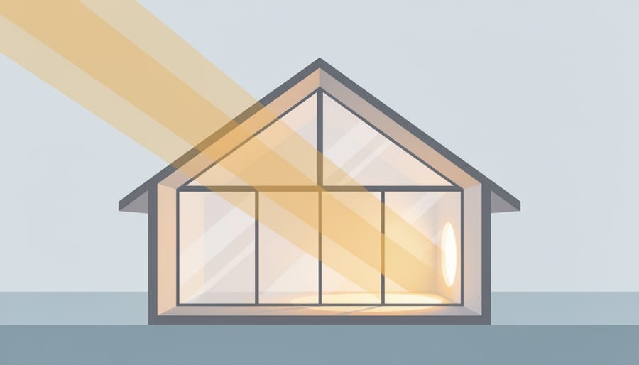 Sunlight streaming through a home window illuminating a living room and houseplant