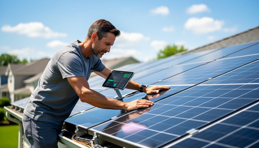 Homeowner inspecting a residential solar system and monitoring equipment near an inverter during golden hour