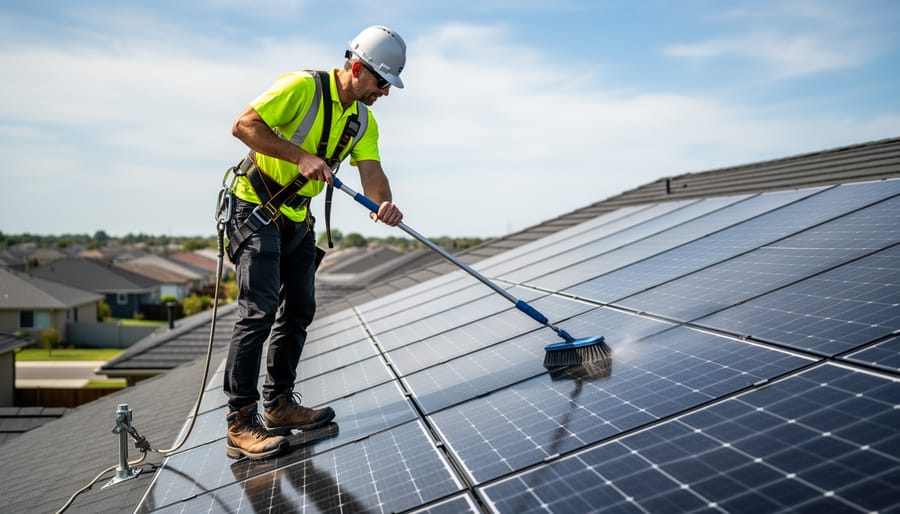 Person in a safety harness using a soft-bristle solar panel cleaning brush on a telescoping pole on a rooftop solar array