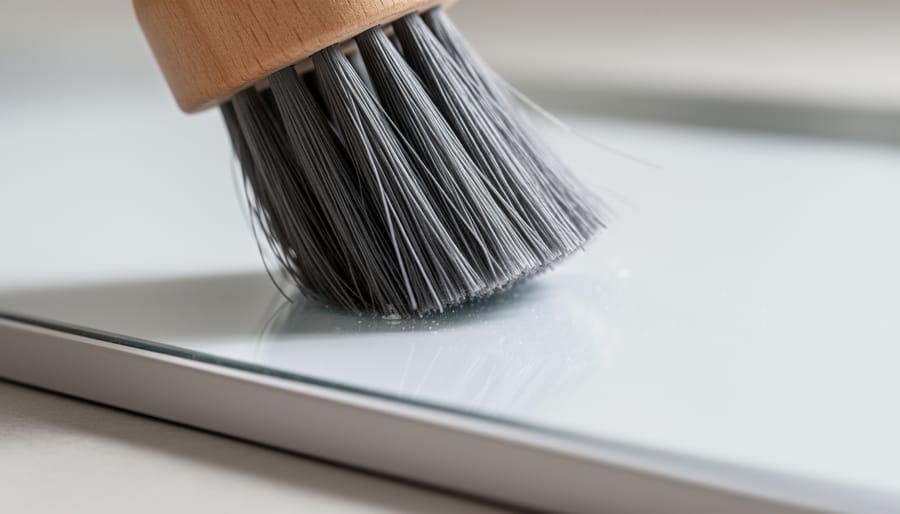Close-up of a soft-bristle brush cleaning a solar panel surface