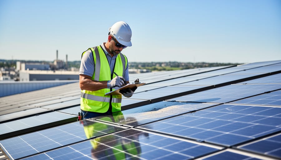 Hands inspecting a solar panel surface with a flashlight while a cleaning robot sits nearby on the roof.