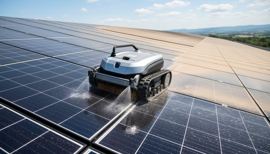 A solar panel cleaning robot cleaning a residential solar array on a rooftop in natural daylight.