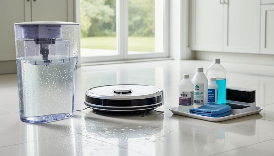 Water filtration and cleaning accessories set up next to a solar cleaning robot on a rooftop.