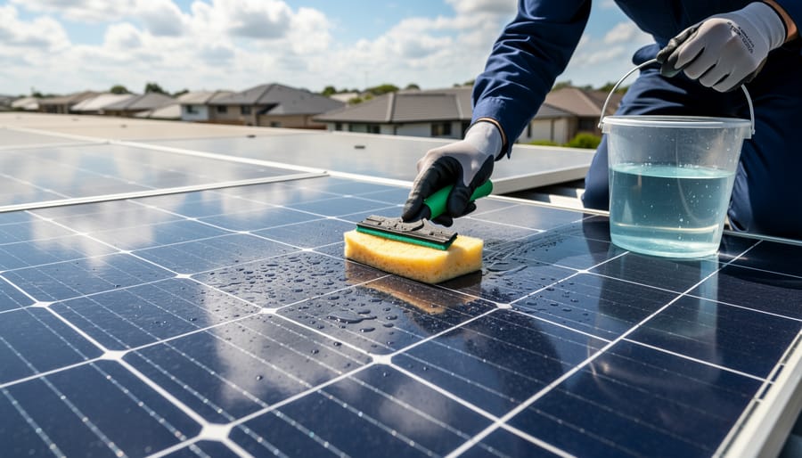Homeowner cleaning a rooftop solar panel with a soft brush and hose