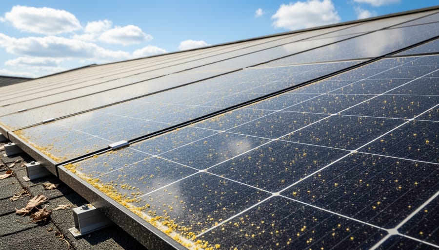 Rooftop solar panels with visible dust, pollen, and leaf debris on the surface